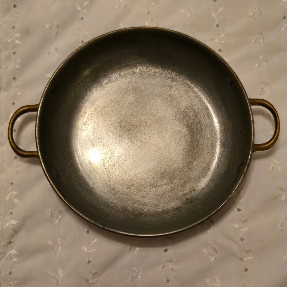 Vintage 8 Inch Round Copper Au Gratin Pan Dual Brass Handles Tinned Interior
